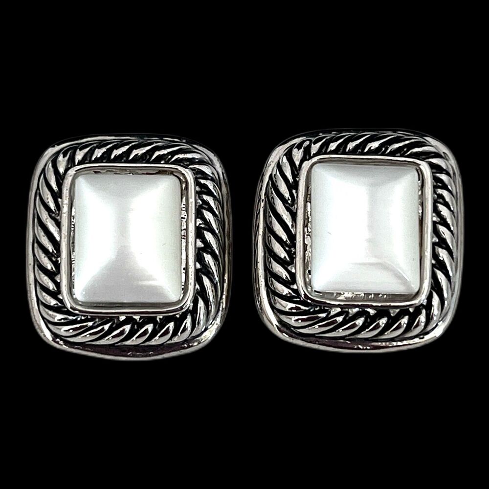 Vintage 1980s Cable Twist Clip On Earrings White Moonglow Silver Tone - 2R